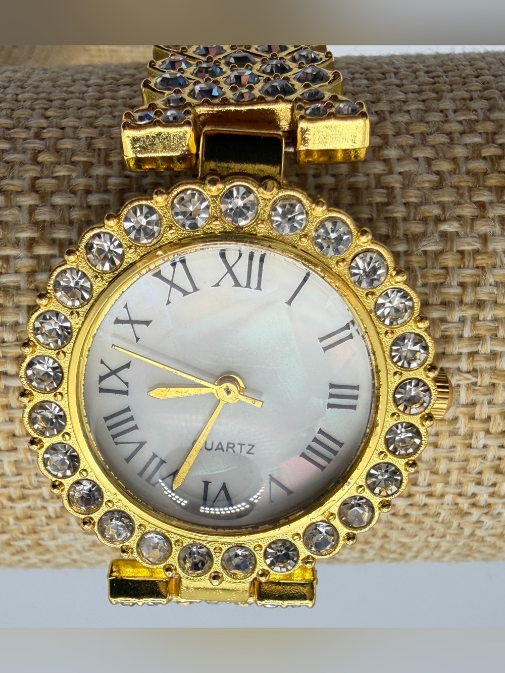 Gold Tone Rhinestone Women’s Quartz Watch Roman Numerals Statement Bracelet 8”